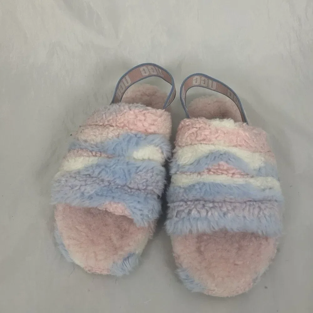 UGG Fluff Yeah Slide Kids Girls Size 2 Cotton Candy Shearling Slippers Shoes